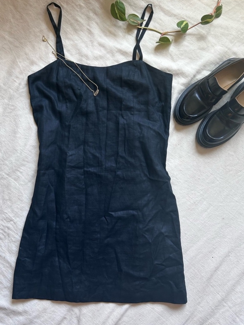 Ellen Tracy Black Spaghetti Strap Mini Dress 100% Linen LBD Little Black Dress